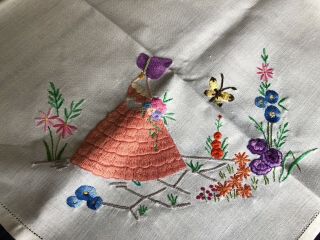 Very Pretty Vintage Crinoline Lady Hand Embroidered Cream Irish Linen Tablecloth