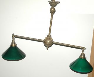 Antique Brass Pool Table Overhead Lamp - 2 Green/white Shades -