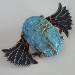 Antique Art Deco Egyptian Revival Sterling Silver Enamel Glass Winged Scarab Pin