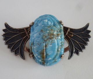 ANTIQUE ART DECO EGYPTIAN REVIVAL STERLING SILVER ENAMEL GLASS WINGED SCARAB PIN 2