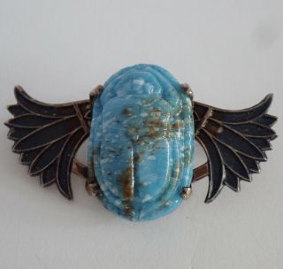 ANTIQUE ART DECO EGYPTIAN REVIVAL STERLING SILVER ENAMEL GLASS WINGED SCARAB PIN 4