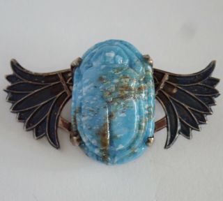 ANTIQUE ART DECO EGYPTIAN REVIVAL STERLING SILVER ENAMEL GLASS WINGED SCARAB PIN 7