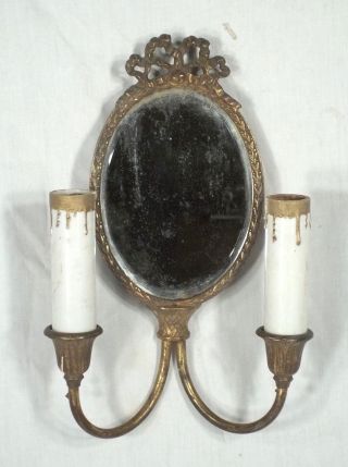 Vintage Early 20th Century Double Arm Mirror Back Brass Electric Sconce