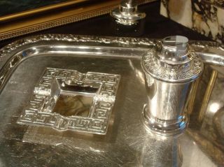 Silver Plate Set Ash Tray With Lighter Stand Greek Theme Vintage Antique Gift