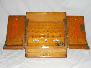 Antique Victorian Oak Stationery Writing Box Desk Table Top Cabinet & Calendar