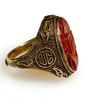 Antique Vintage Chinese Pierced Carved Carnelian W Gold Wsh Silver Filigree Ring