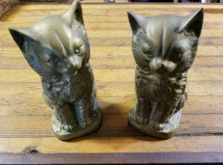 ANTIQUE Cast Brass Bronzed Cat Book Ends • Farm Barn Vintage Kitten Bookends USA 4