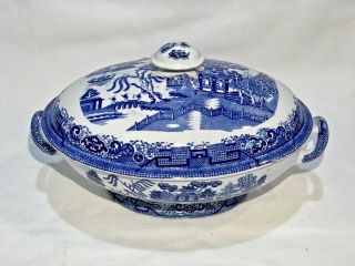 Oval Antique Flow Blue Willow Tureen / Vegetable Dish With Lid