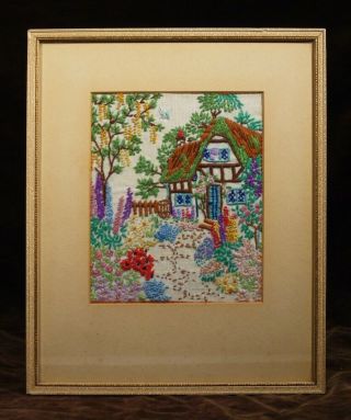 Vintage Art Deco Framed Embroidered Panel Depicting A Colourful Summer Garden.