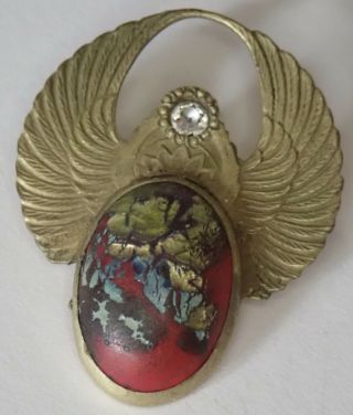 Antique Art Nouveau Gilt Brass Paste Foiled Art Glass Winged Scarab Brooch