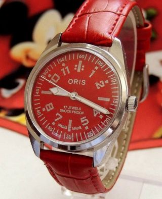 Vintage Oris Hand Winding Fhf 96 St Red Dial Mens Watch.