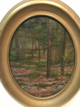 Antique Hudson River School Forest Interior Oil Painting With Flowers