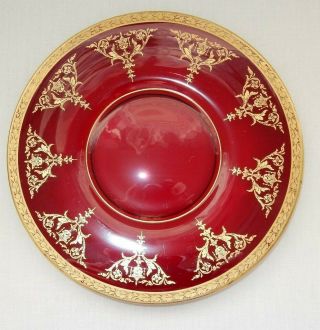 Vintage Antique Gold Encrusted 10 1/4 " Ruby Red Glass Dinner Plate Circa 1930s
