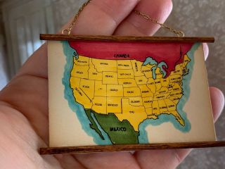 1960s Vintage Miniature Dollhouse Wall Map United States School Hand Painted