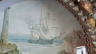 ANTIQUE VICTORIAN SAILORS VALENTINE FOLK ART DIORAMA SHELLS SAIL SHIP LIGHTHOUSE 3