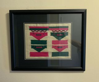 Vintage Hand Woven Wool Navajo Fuchsia,  Green,  Ivory Framed Wall Decor 22” X 18”