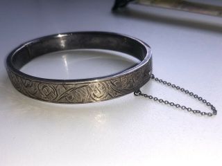 Antique Silver Bangle With Safety Chain - Hallmarked Chester