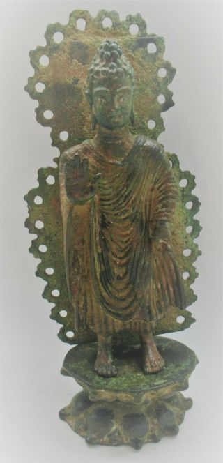 Circa 200 - 300ad Ancient Gandharan Bronze Standing Buddha Statue Museum Quality