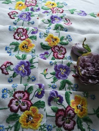 Large Vintage Hand Embroidered Irish Linen Lace Tablecloth Pansies