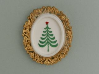Vintage Dollhouse Miniature Christmas Tree Picture Embroidered Plastic Oval Gold