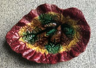 Vintage,  Antique Majolica Art Pottery Begonia Leaf Dish - 8in.  - Maroon,  Red -