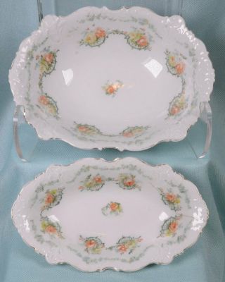 2 Antique Ohme Hermann Elysee Elegant Scallop Edge Peach White Rose Serving Bowl