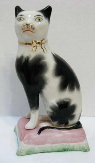 Antique Staffordshire Tuxedo Kitty Cat On Pillow Figurine