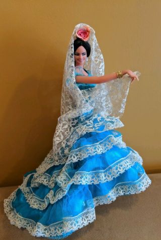 Vintage Chiclana Marin Spanish Flamenco Dancer Doll Blue/teal Rose Stand 13 "