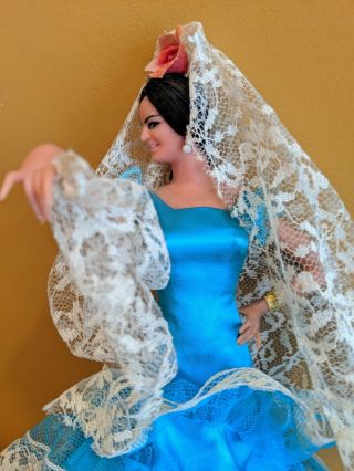 Vintage Chiclana Marin Spanish Flamenco Dancer Doll Blue/Teal Rose stand 13 