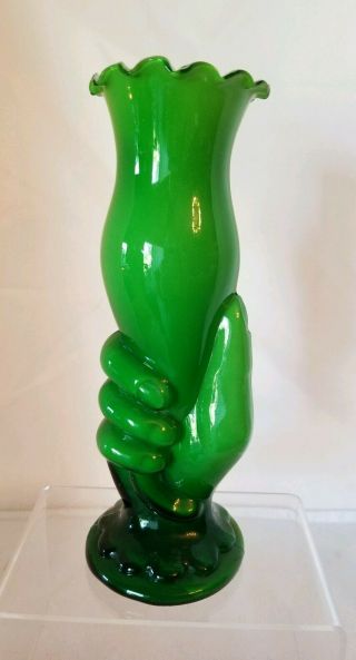 Antique Victorian Hand Vase - Green Glass With White Inside - Ruffled Top - Rare