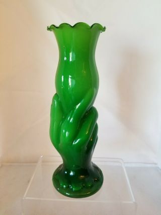 Antique Victorian Hand Vase - Green Glass with White Inside - Ruffled Top - RARE 2