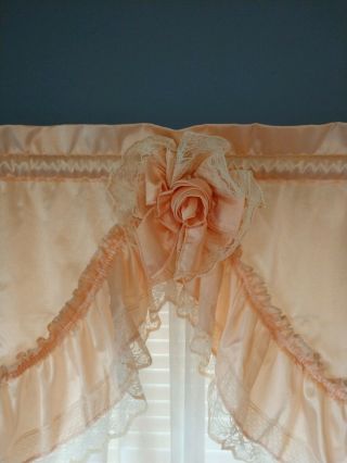 Vintage 80 ' s Princess Peach Satin Panels Ruffles Lace & Rosette Valance Curtain 2
