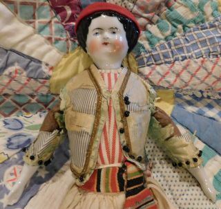 Antique 12 " Boy China Head Doll On Old Body W/original Outfit,  Great C1860