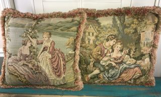 Antique Victorian Aubusson Tapestry Throw Pillow Pink Damask Two