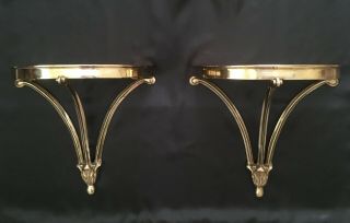Pair Half - Round Vintage Solid Brass Wall Hanging Candle Sconces Shelves Brackets