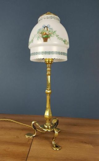 Brass Pullman Lamp With Decorated Flower Basket Shade; Rewired & Pat