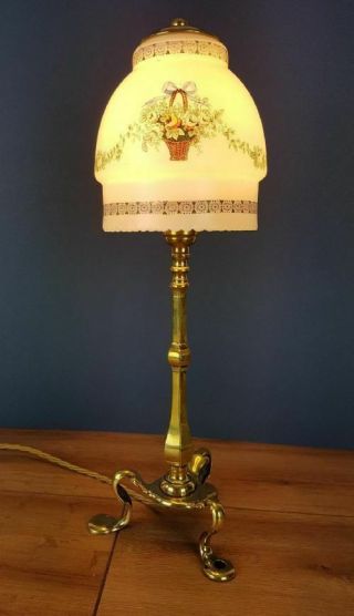 Brass Pullman Lamp With Decorated Flower Basket Shade; Rewired & PAT 5