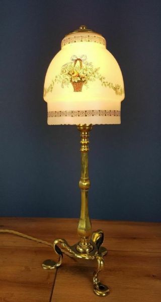 Brass Pullman Lamp With Decorated Flower Basket Shade; Rewired & PAT 7