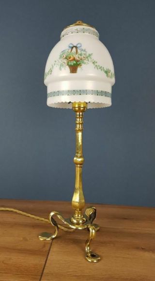 Brass Pullman Lamp With Decorated Flower Basket Shade; Rewired & PAT 8