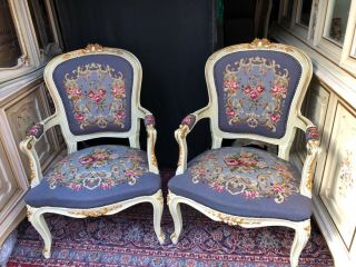Rare French Antique Needlepoint Chair Armchair Furniture Living