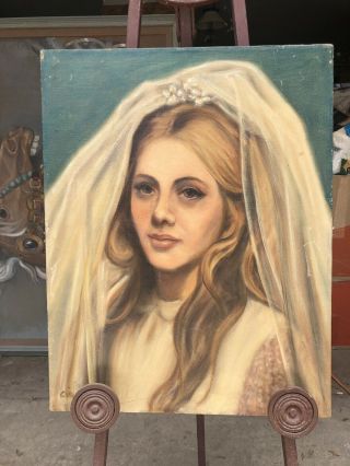 Vintage Mid - Century Oil Painting Portrait Of Bride
