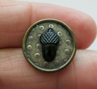 Wonderful Antique Vtg Victorian Black Glass In Metal Button Realistic Acorn (z)