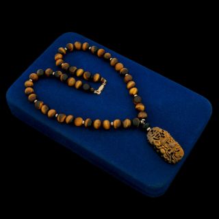 Antique Vintage Art Deco 14k Gold Chinese Carved Tigers Eye Onyx Bead Necklace