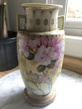 Large Antique Morimura Brothers Nippon Vase Hand Painted Pink Flowers