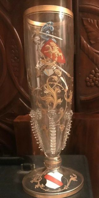 Antique Bohemian Glass Vase Signed Prunts Egermann Knight Enameled Armorial