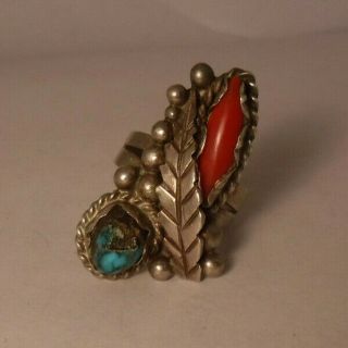 Antique Vintage Navajo Old Pawn Sterling Silver & Coral & Turquoise Ring Size 8