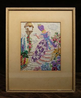 Vintage Art Deco Framed Embroidered Panel Depicting A Figure In Summer Garden.