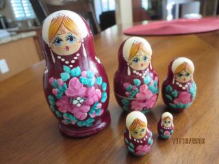 5 Vintage Russian Lacquer Nesting Doll Gambler Wood Stacking Matryoshka Signed