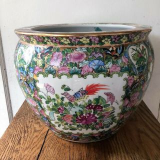 Antique Vtg Signed Chinese Porcelain Famille Rose Fish Bowl Jardiniere Planter 2