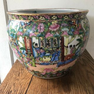 Antique Vtg Signed Chinese Porcelain Famille Rose Fish Bowl Jardiniere Planter 3